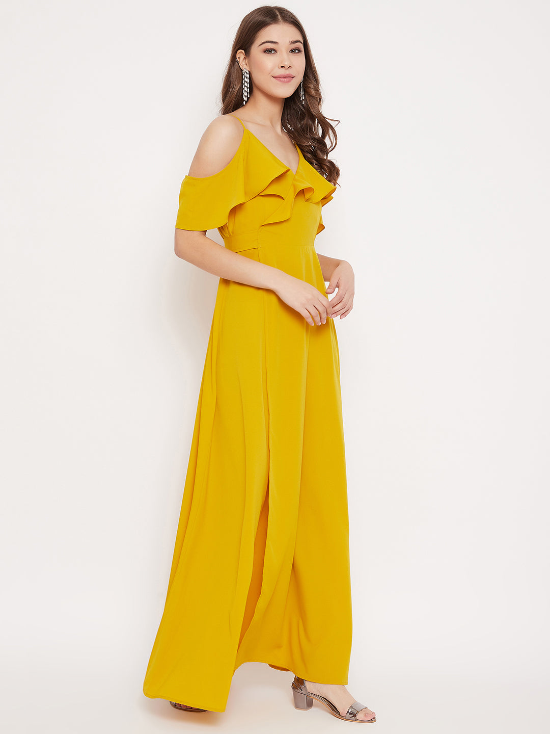 Berrylush Women Solid Yellow Cold Shoulder Ruffled Maxi Dress