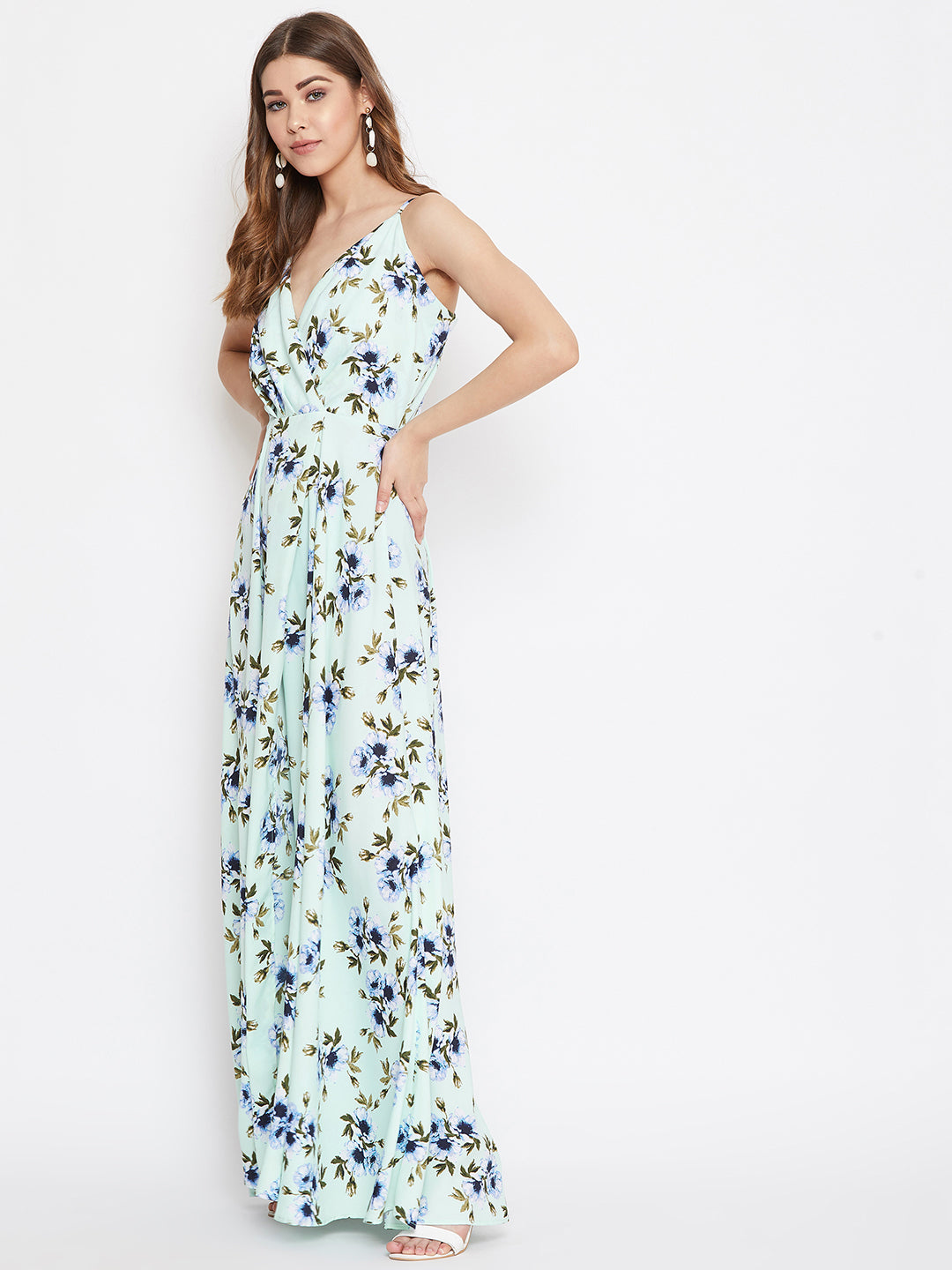 Berrylush Women Green & Turquoise Blue Floral Printed V-Neck Thigh-High Slit Fit & Flare Maxi Dress