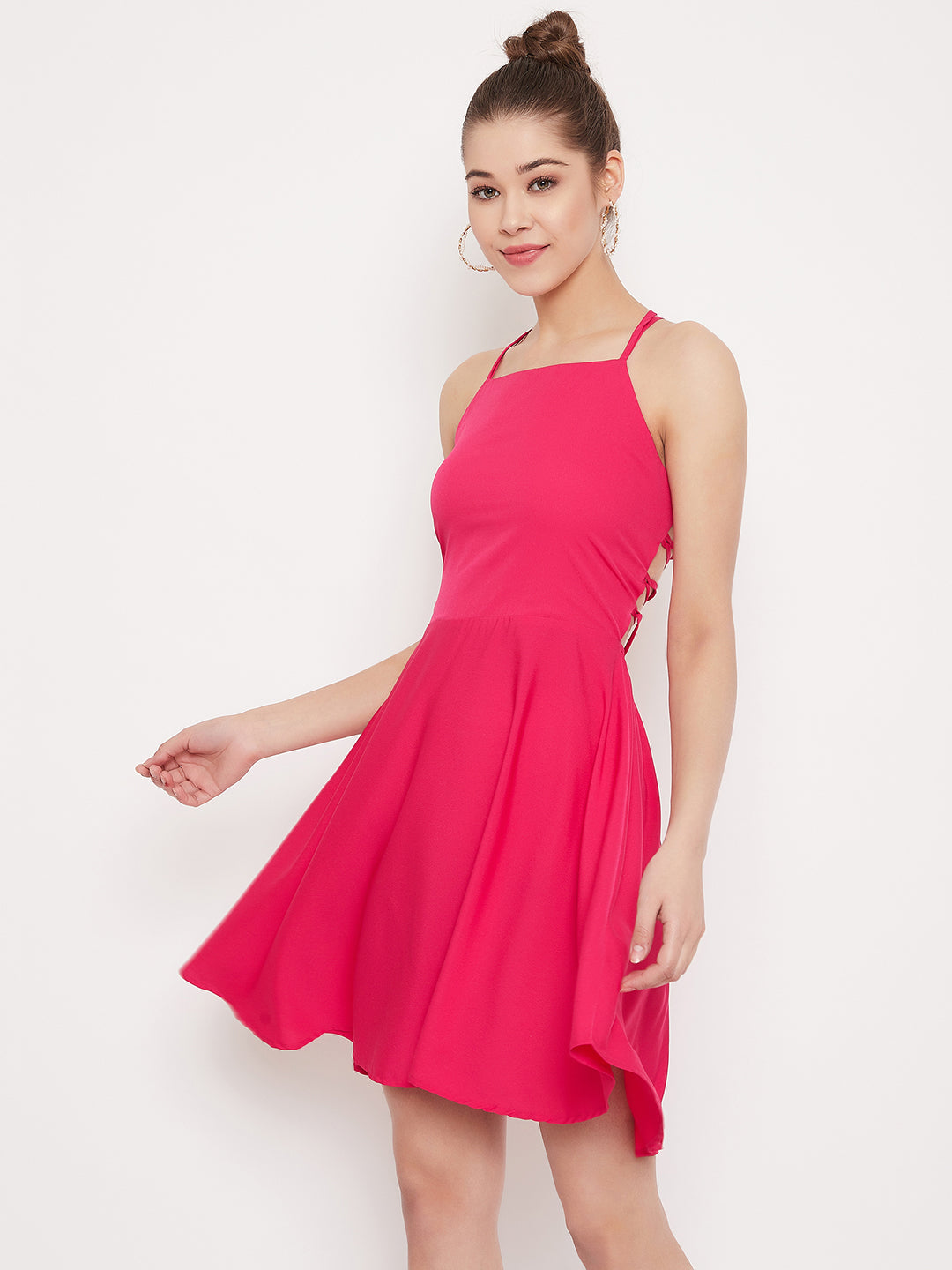 Berrylush Women Solid Fuschia Pink Caged Back Tie-up Fit & Flare Mini Dress