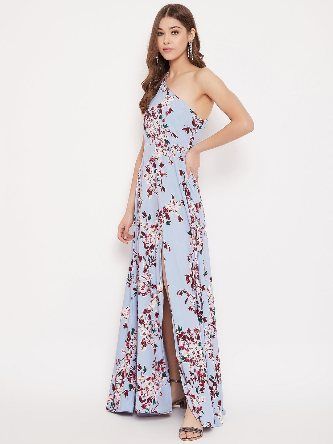 Berrylush Women Blue & Maroon Floral Printed One-Shoulder Neck Thigh-High Slit Flared Maxi Dress