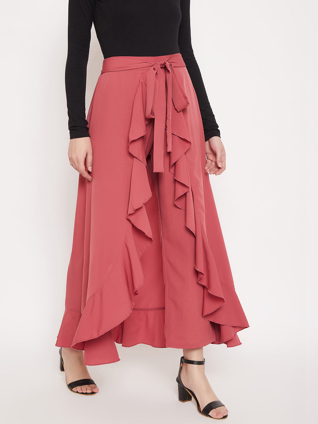Berrylush Women Solid Pink Waist Tie-Up Ruffled Maxi Skirt With Attach