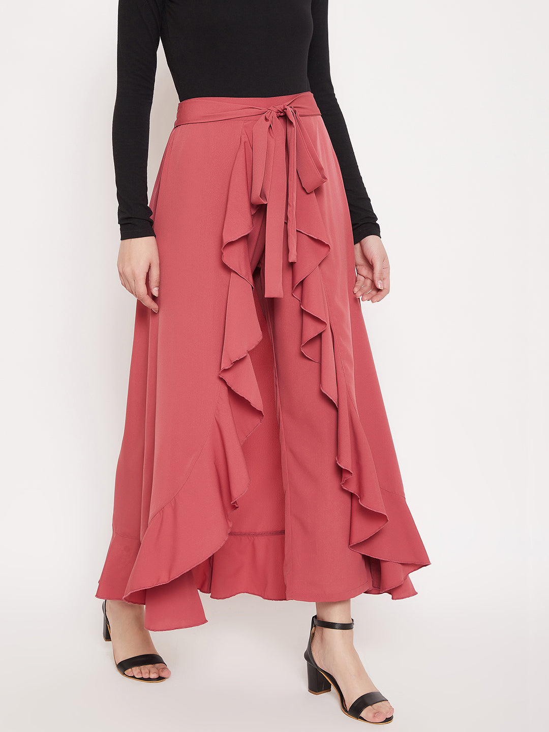 Berrylush Women Solid Pink Waist Tie-Up Ruffled Maxi Skirt With Attached Trousers
