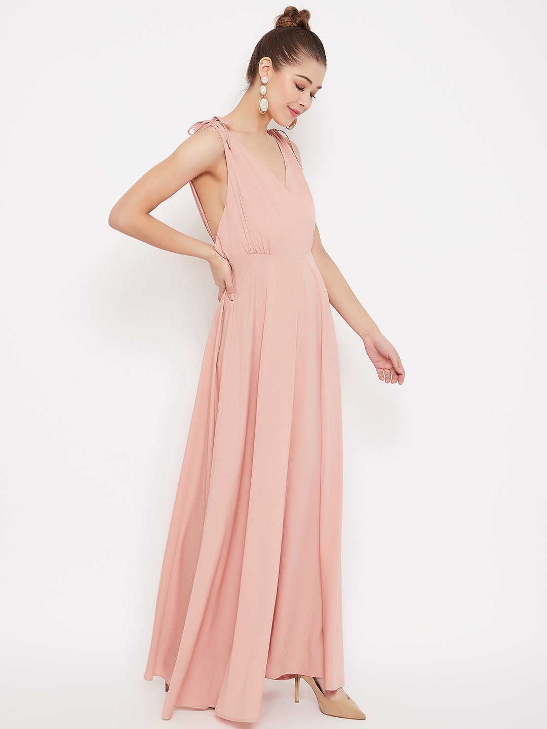 Berrylush Women Solid Pink V-Neck Tie-Up Strap Low Back Flared Maxi Dress