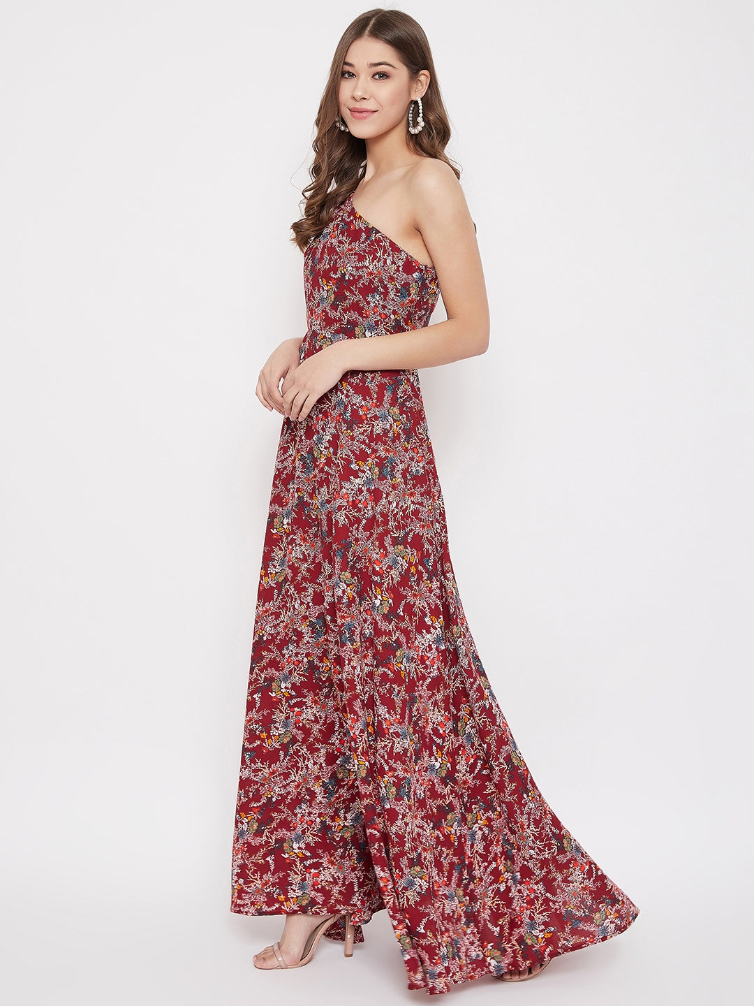 Berrylush Women Maroon Floral Printed One Shoulder Maxi Dress