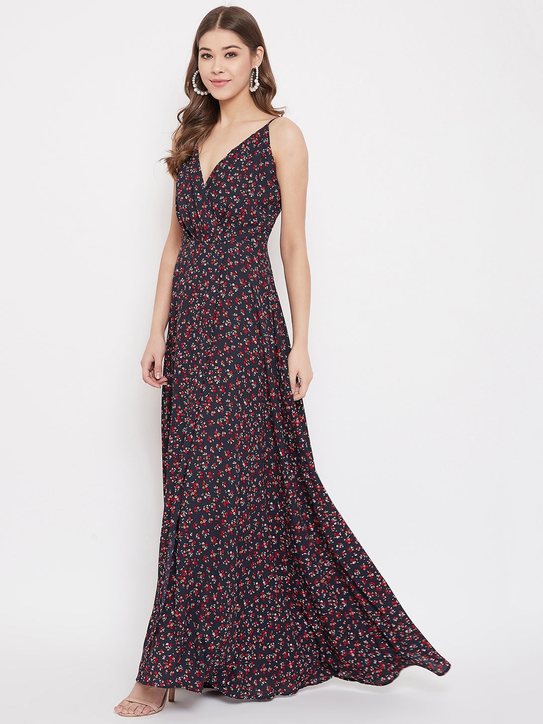 Berrylush Women Navy Blue Floral Printed V-Neck Flared Maxi Dress