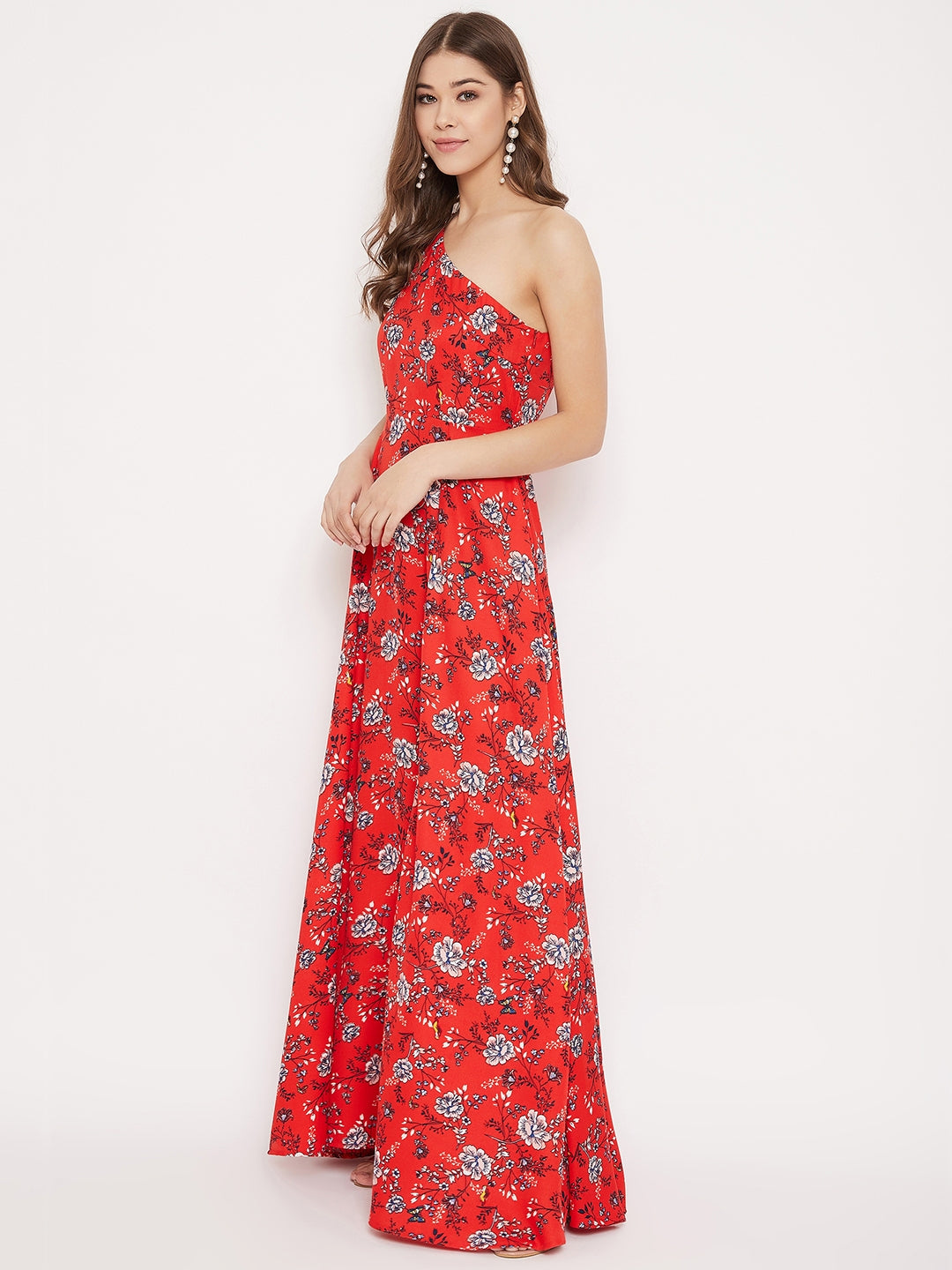 Berrylush Women Red & White Floral Printed One-Shoulder Neck Thigh-High Slit Flared Maxi Dress