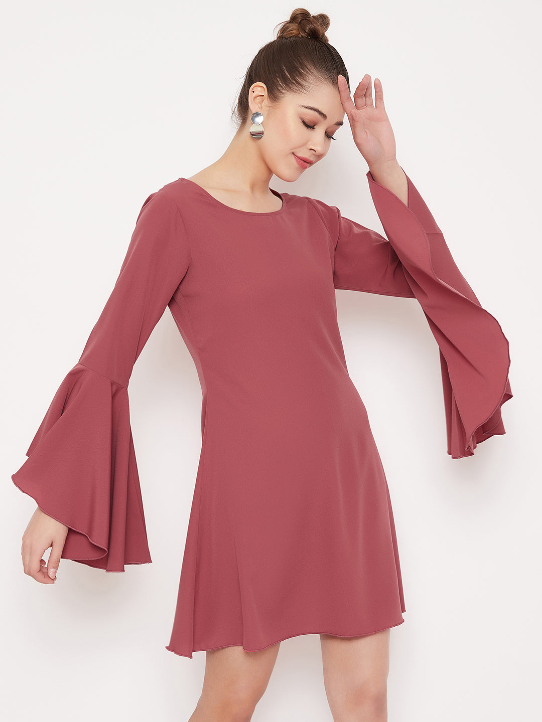 Berrylush Women Solid Dark Pink Round Neck Bell Sleeves Crepe Flared A-Line Mini Dress