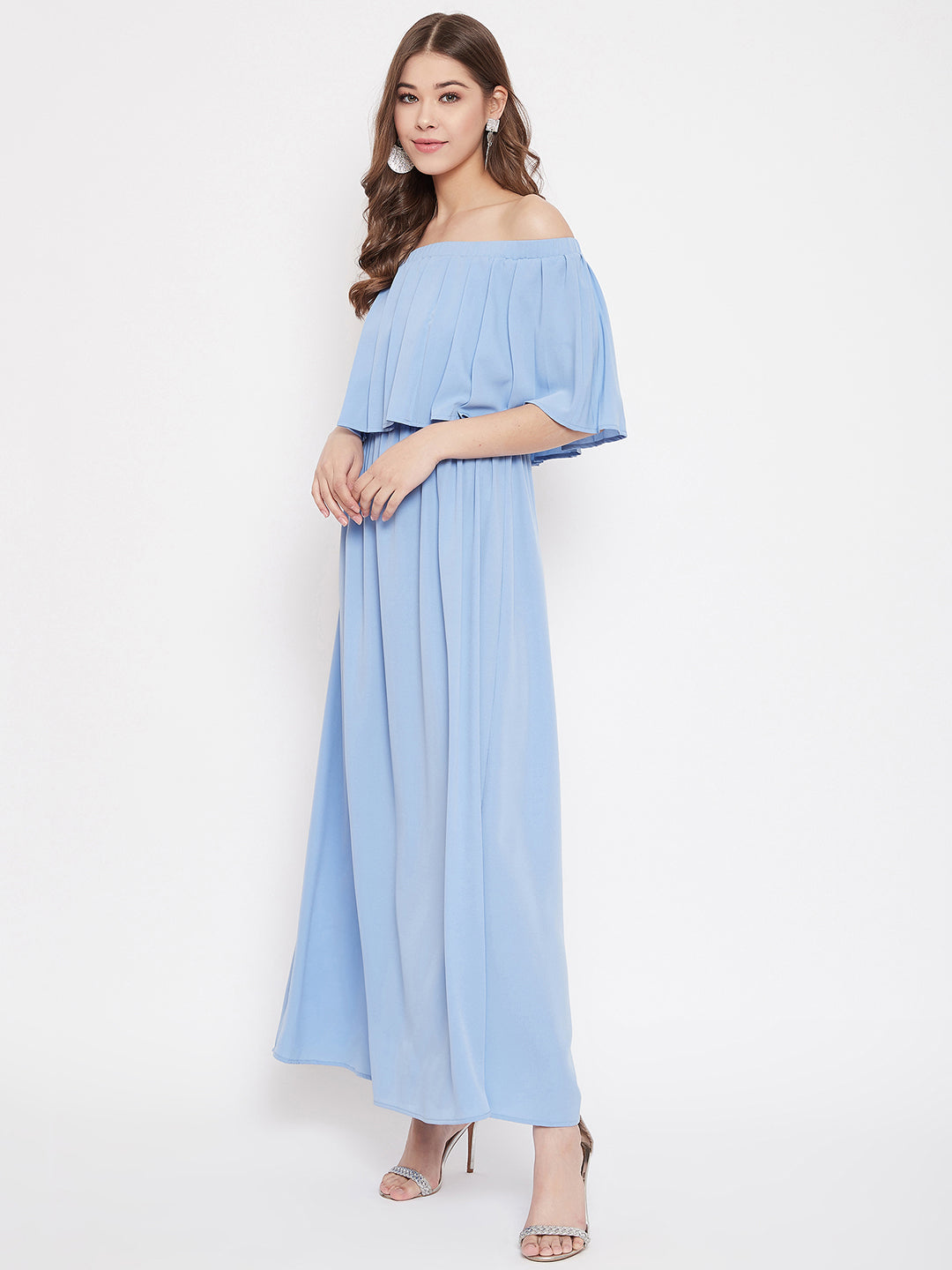 Berrylush Women Solid Blue Off-Shoulder Neck Three-Quarter Sleeve Pleated Maxi Dress