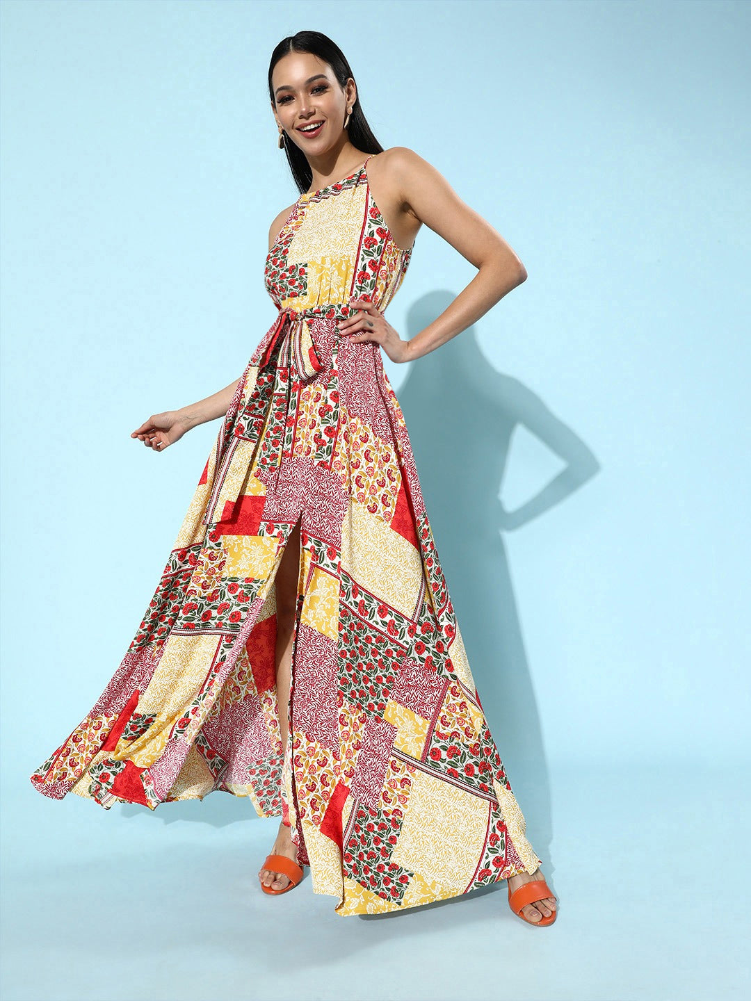 Berrylush Women Multicoloured Floral Printed Back Tie-Up Maxi Dress