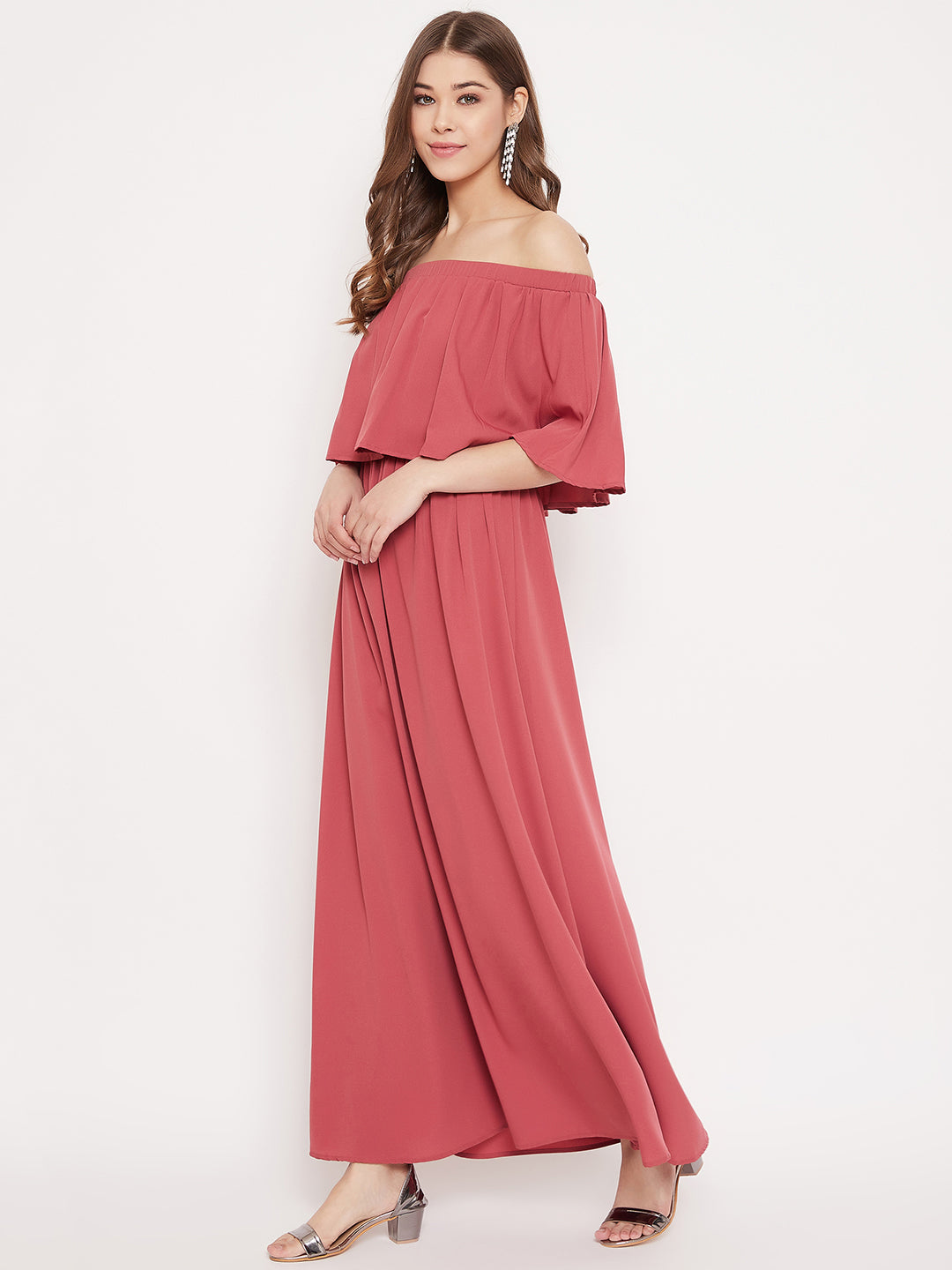 Berrylush Women Solid Dark Pink Off-Shoulder Neck Three-Quarter Sleeves Crepe Flared Maxi Dress
