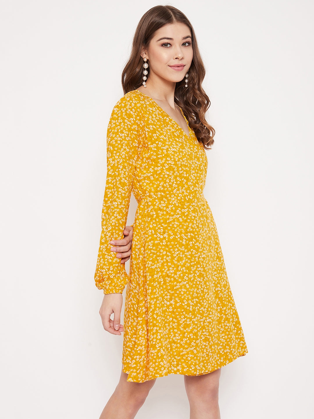 Berrylush Women Yellow & White Floral Printed Wrap Mini Dress