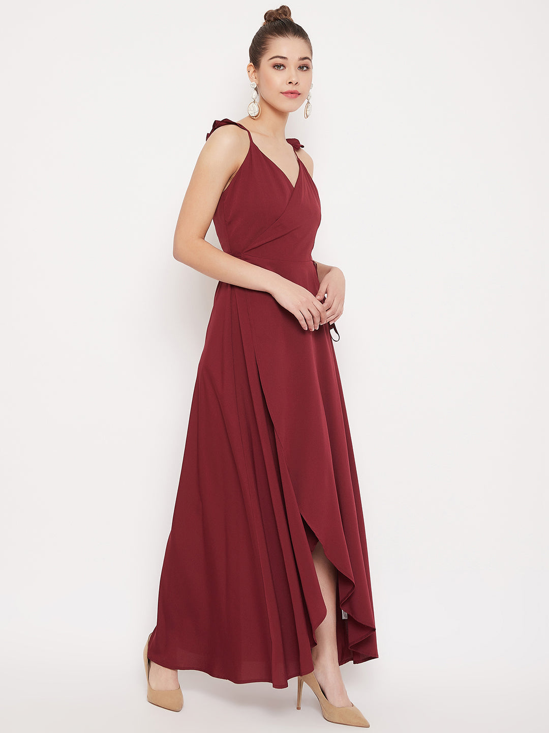 Berrylush Women Solid Maroon V-Neck Thigh-High Slit Tulip Hem Wrap Maxi Dress
