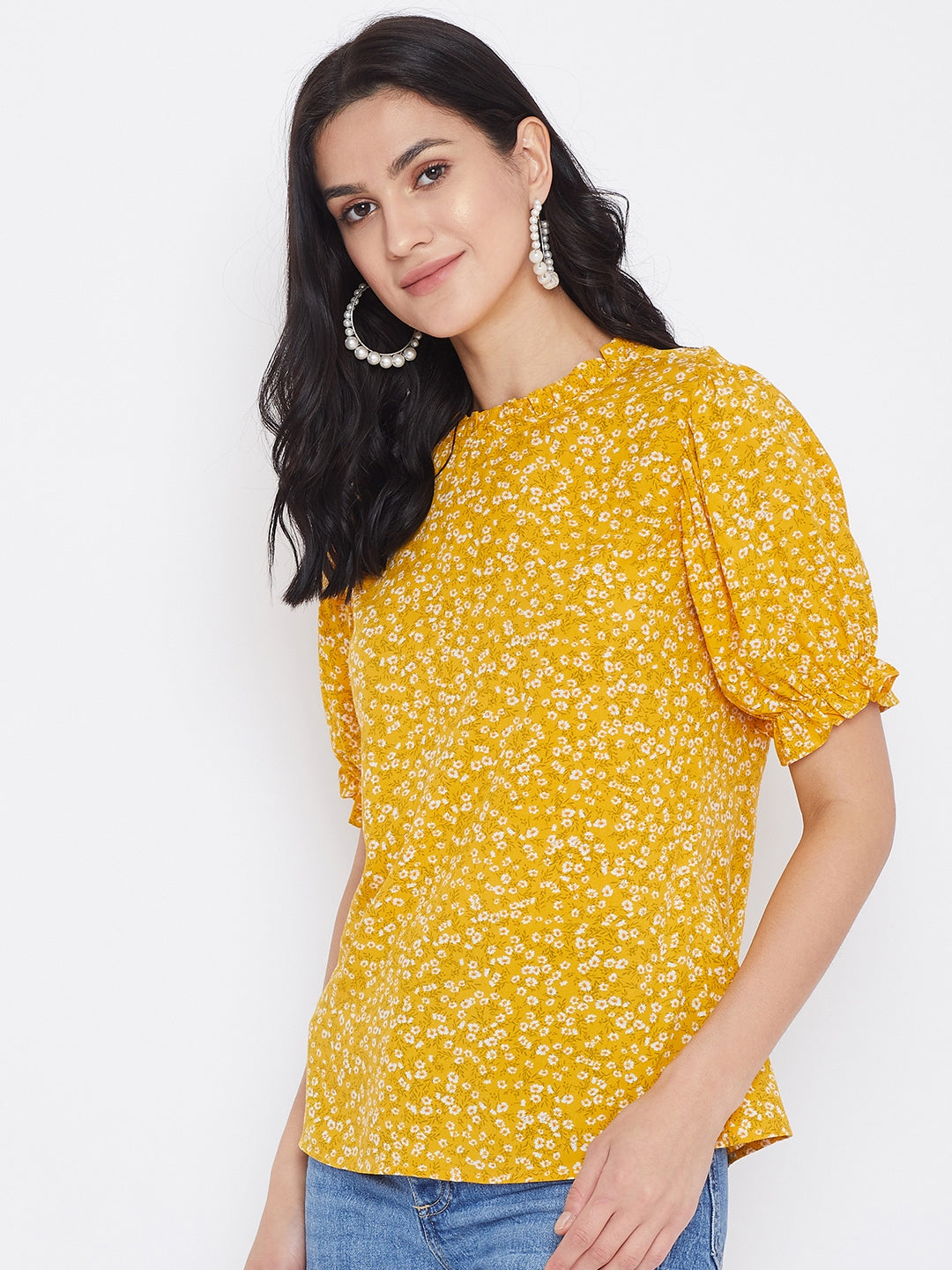 Berrylush Women Yellow Floral Printed Puff Sleeves Top