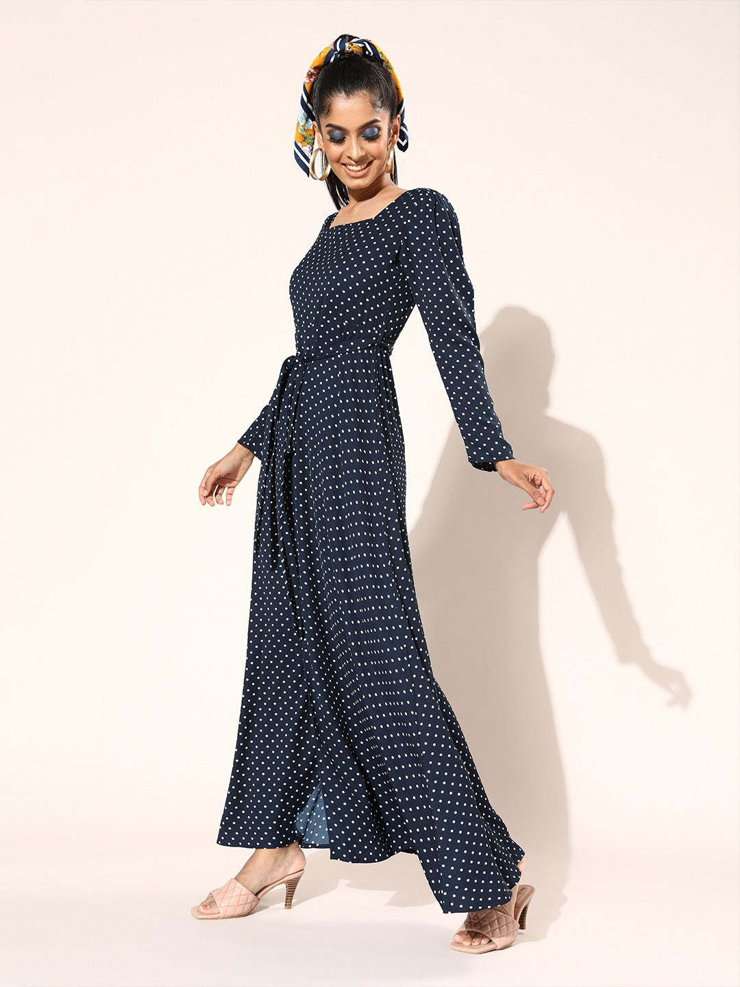 Berrylush Women Navy Blue Polka Dot Maxi Dress