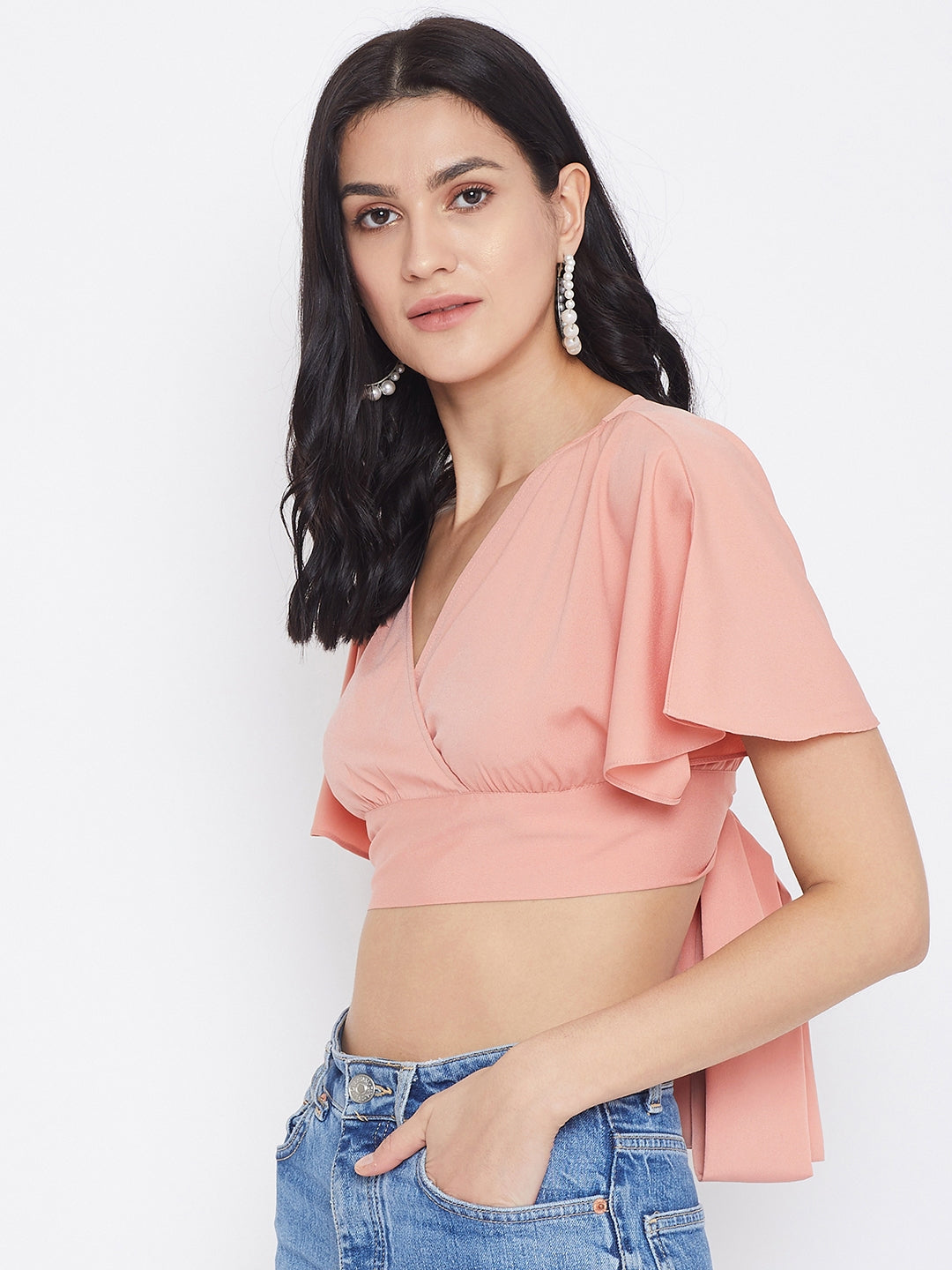 Berrylush Women Solid Pink V-Neck Cropped Wrap Top
