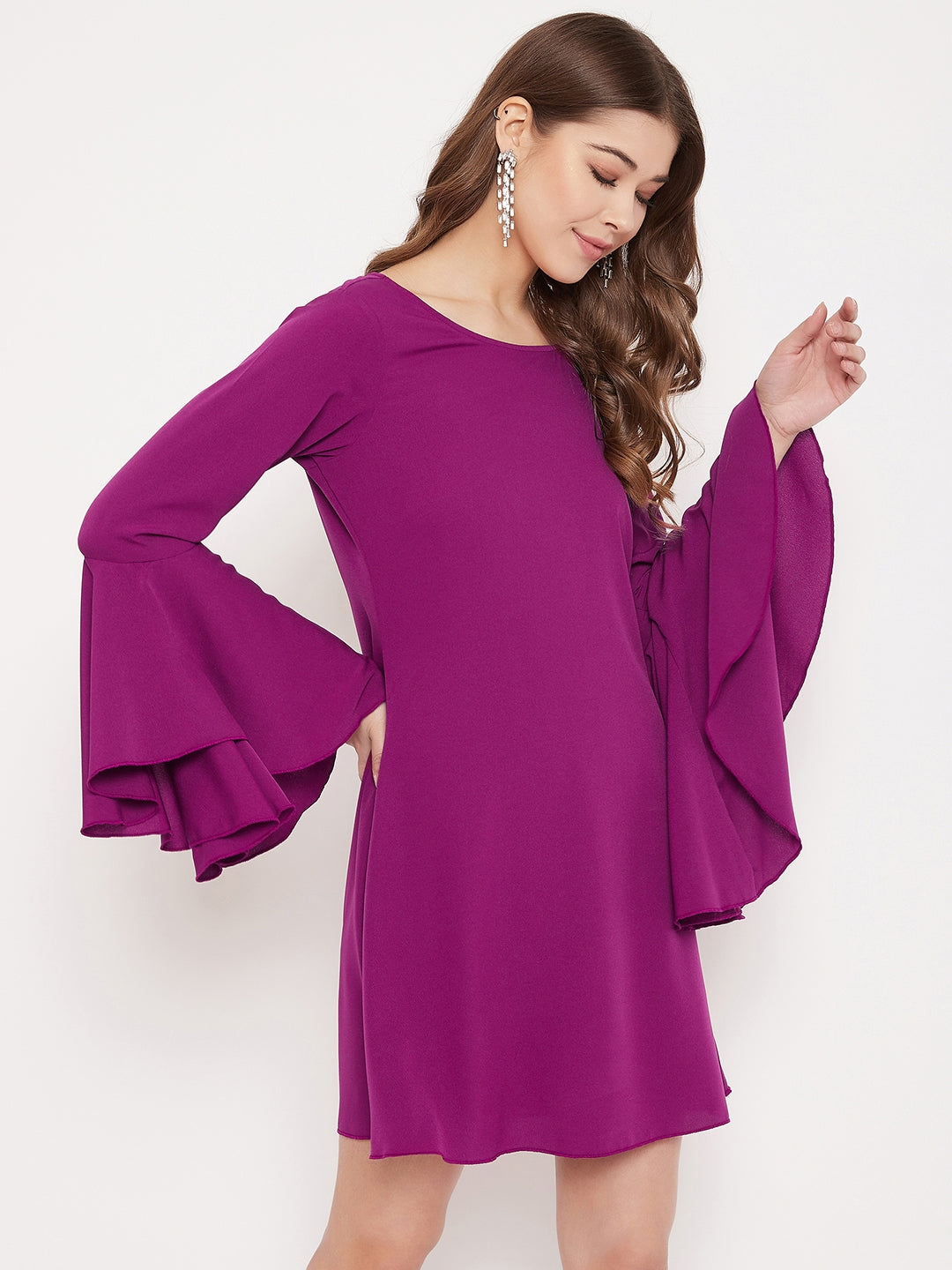 Berrylush Women Solid Purple Bell Sleeves A-Line Mini Dress